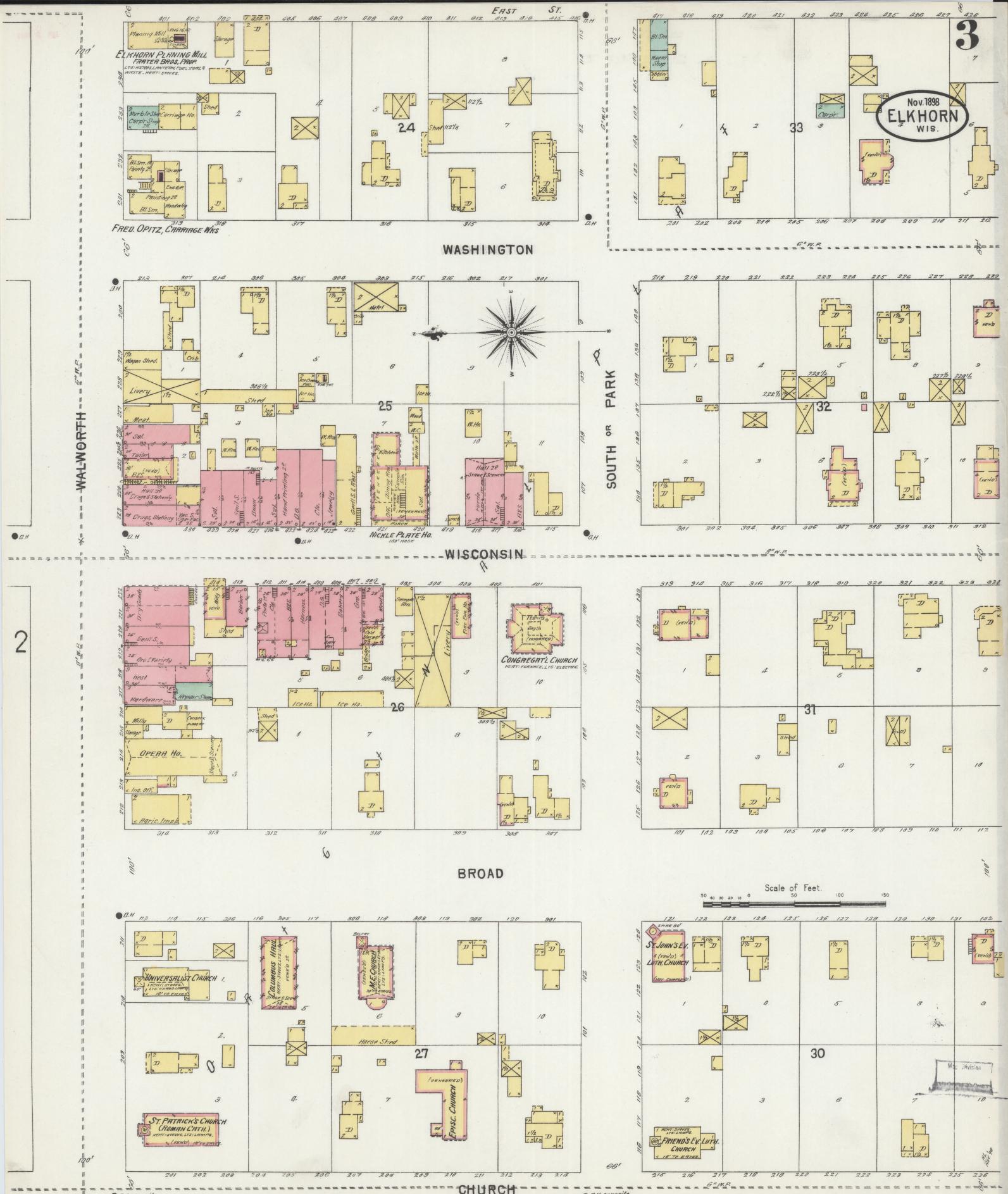 Sanborn Fire Insurance Map from Elkhorn, Walworth County, Wisconsin (1898), Sheet #0003 - Historic Sanborn Fire Insurance Map Print, vintage old map wall art, antique decor, genealogy gift, Wisconsin Wisconsin map