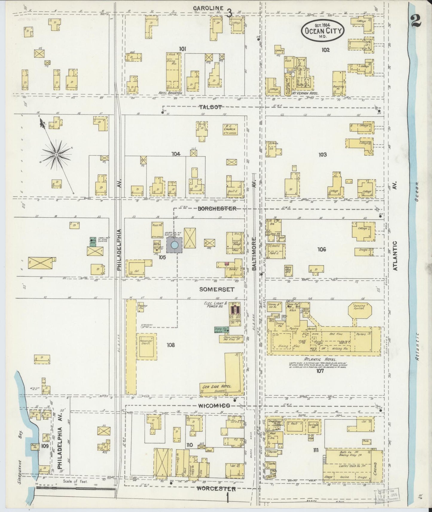 Sanborn Fire Insurance Map from Ocean City, Worcester County, Maryland (1904), Sheet #0002 - Historic Sanborn Fire Insurance Map Print, vintage old map wall art
