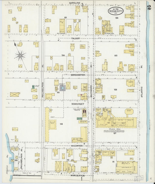 Sanborn Fire Insurance Map from Ocean City, Worcester County, Maryland (1904), Sheet #0002 - Historic Sanborn Fire Insurance Map Print, vintage old map wall art