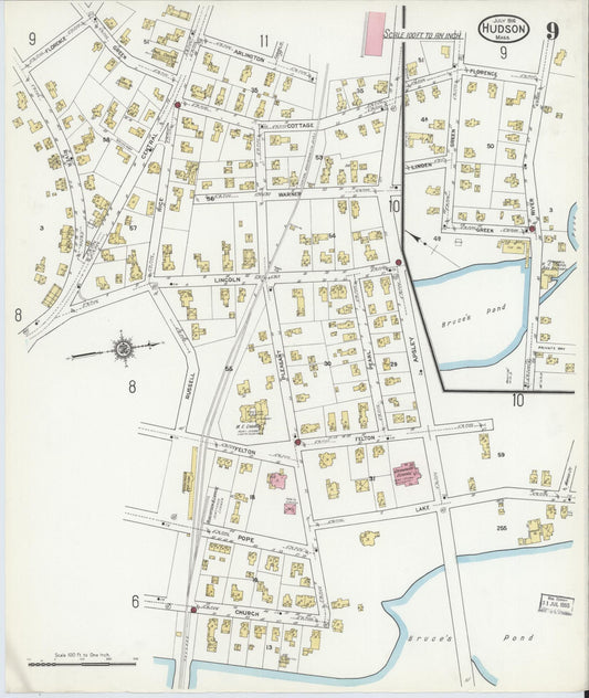 Sanborn Fire Insurance Map from Hudson, Middlesex County, Massachusetts (1916), Sheet #0009 - Historic Sanborn Fire Insurance Map Print, vintage old map wall art, antique decor, genealogy gift, Massachusetts Massachusetts map