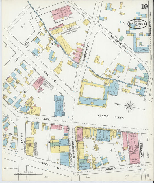 Sanborn Fire Insurance Map from San Antonio, Bexar County, Texas (1892), Sheet #0019 - Historic Sanborn Fire Insurance Map Print, vintage old map wall art, antique decor, genealogy gift, Texas Texas map