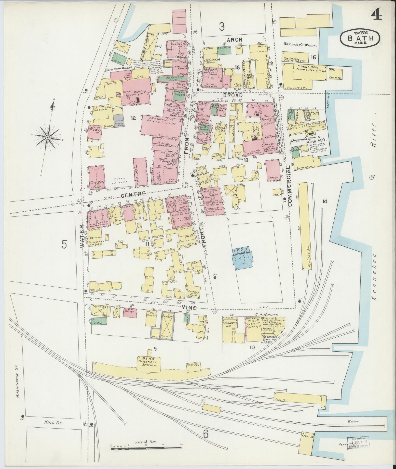 Sanborn Fire Insurance Map from Bath, Sagadahoc County, Maine (1896), Sheet #0004 - Historic Sanborn Fire Insurance Map Print, vintage old map wall art, antique decor, genealogy gift, Maine Maine map