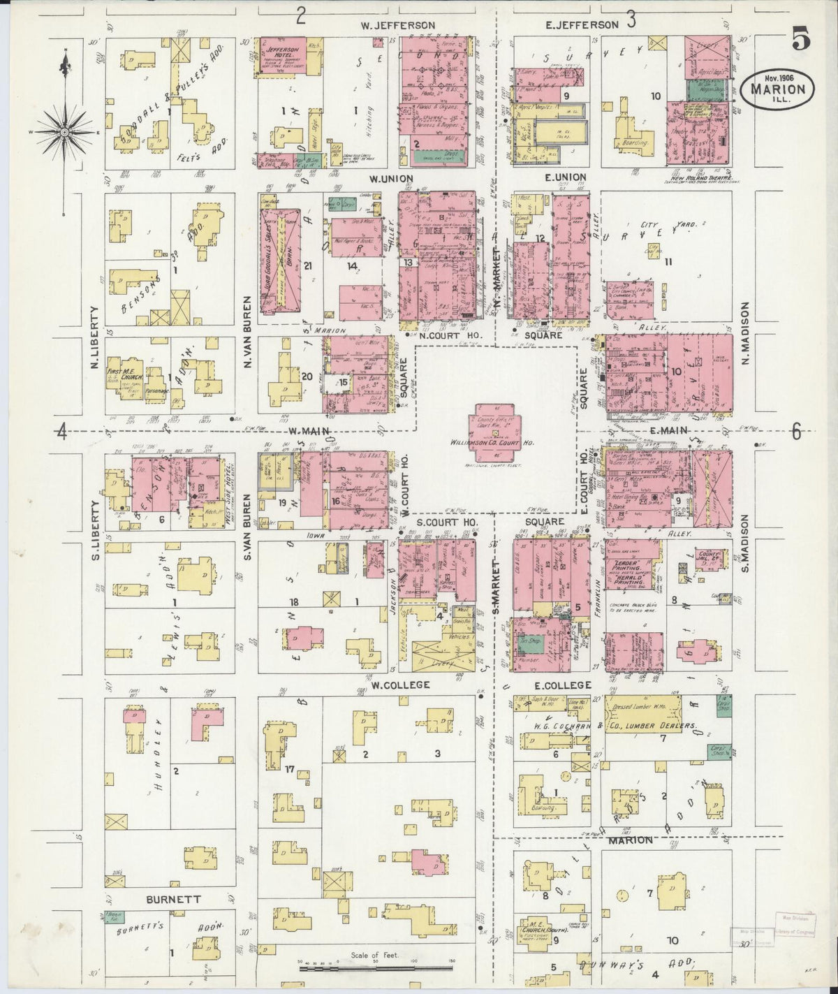 Sanborn Fire Insurance Map from Marion, Williamson County, Illinois (1906), Sheet #0005 - Complete Map Set gallery image, historic Sanborn map, vintage wall art, Illinois Illinois