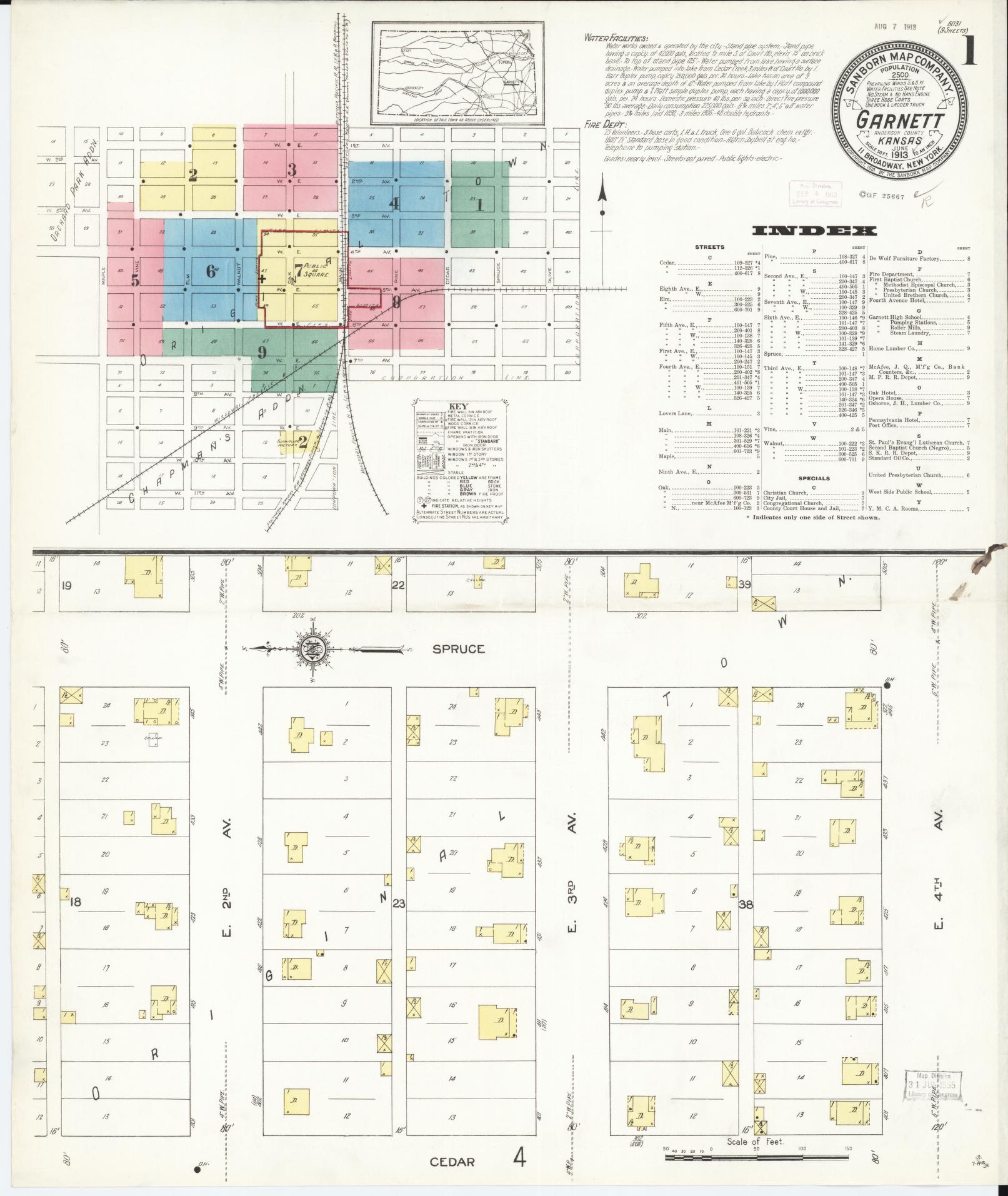 Sanborn Fire Insurance Map from Garnett, Anderson County, Kansas (1913), Sheet #0001 - Historic Sanborn Fire Insurance Map Print, vintage old map wall art, antique decor, genealogy gift, Kansas Kansas map