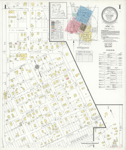 Sanborn Fire Insurance Map from Vivian, Caddo Parish, Louisiana (1938), Sheet #0001 - Historic Sanborn Fire Insurance Map Print, vintage old map wall art, antique decor, genealogy gift, Louisiana Louisiana map