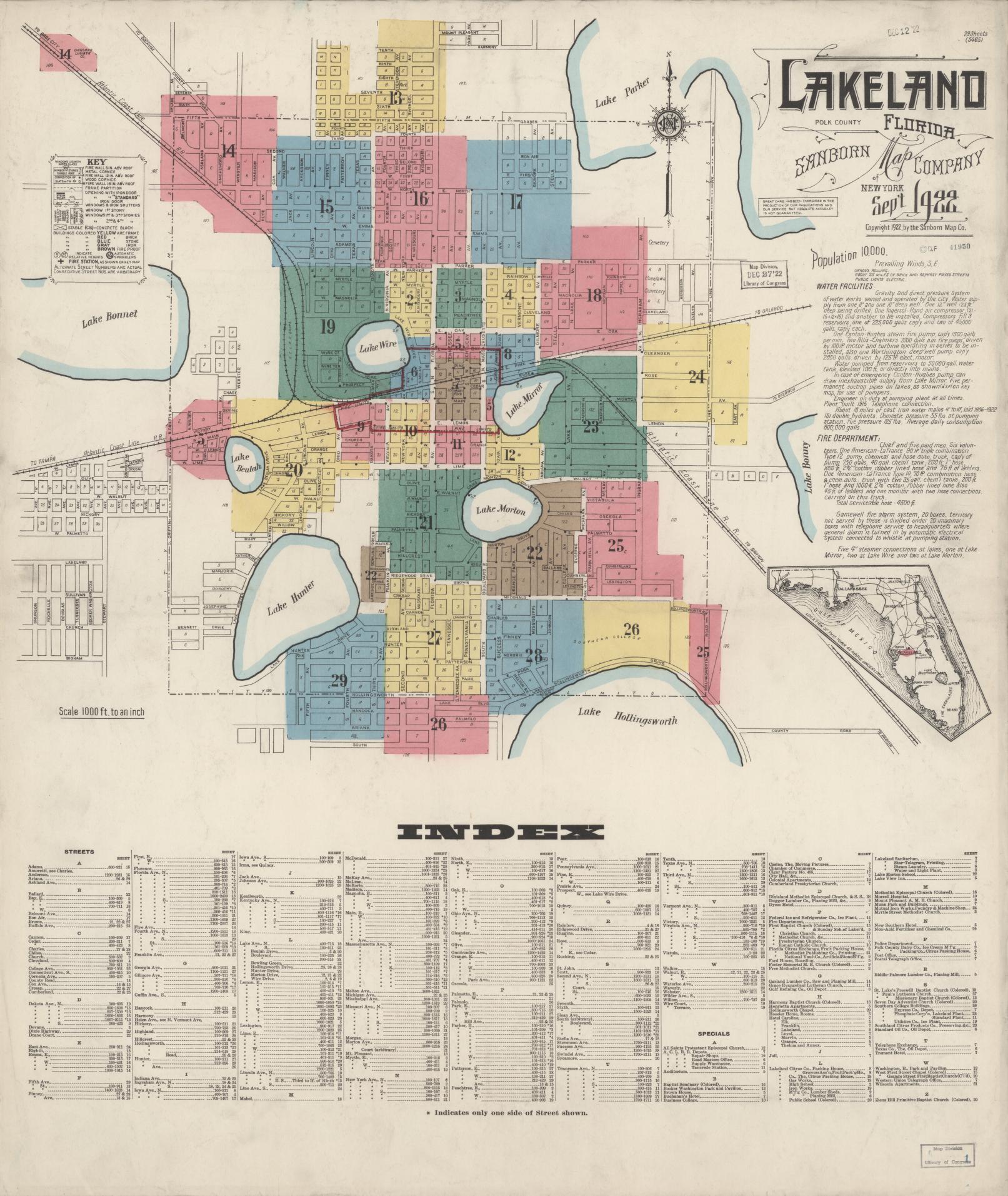 Sanborn Fire Insurance Map from Lakeland, Polk County, Florida (1922), Sheet #0001 - Complete Map Set gallery image, historic Sanborn map, vintage wall art, Florida Florida