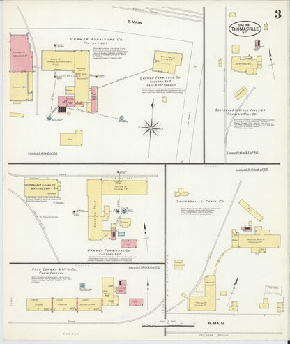 Sanborn Fire Insurance Map from Thomasville, Davidson County, North Carolina (1908), Sheet #0003 - Complete Map Set gallery image, historic Sanborn map, vintage wall art, North Carolina North Carolina