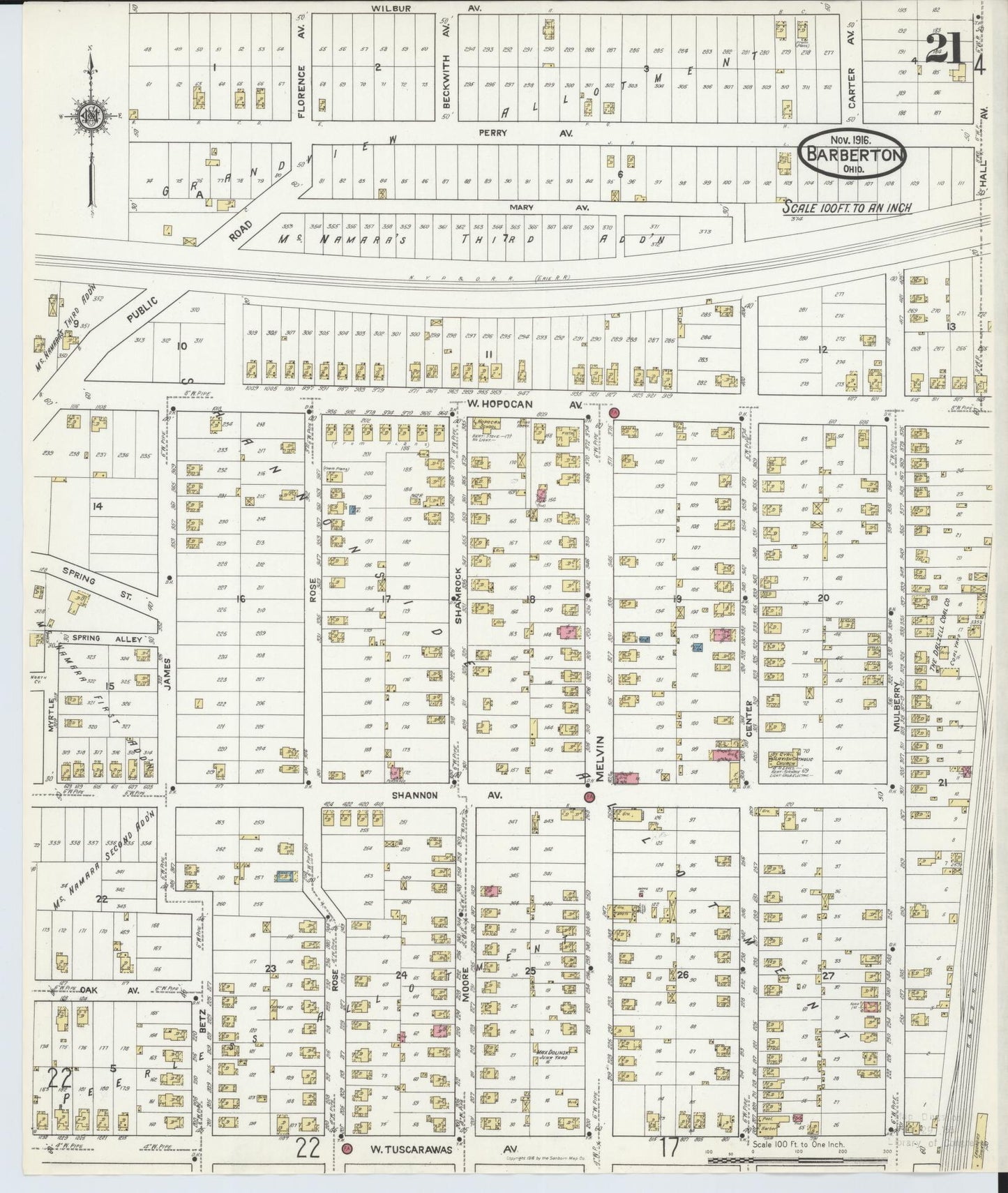 Sanborn Fire Insurance Map from Barberton, Summit County, Ohio (1916), Sheet #0021 - Historic Sanborn Fire Insurance Map Print, vintage old map wall art, antique decor, genealogy gift, Ohio Ohio map