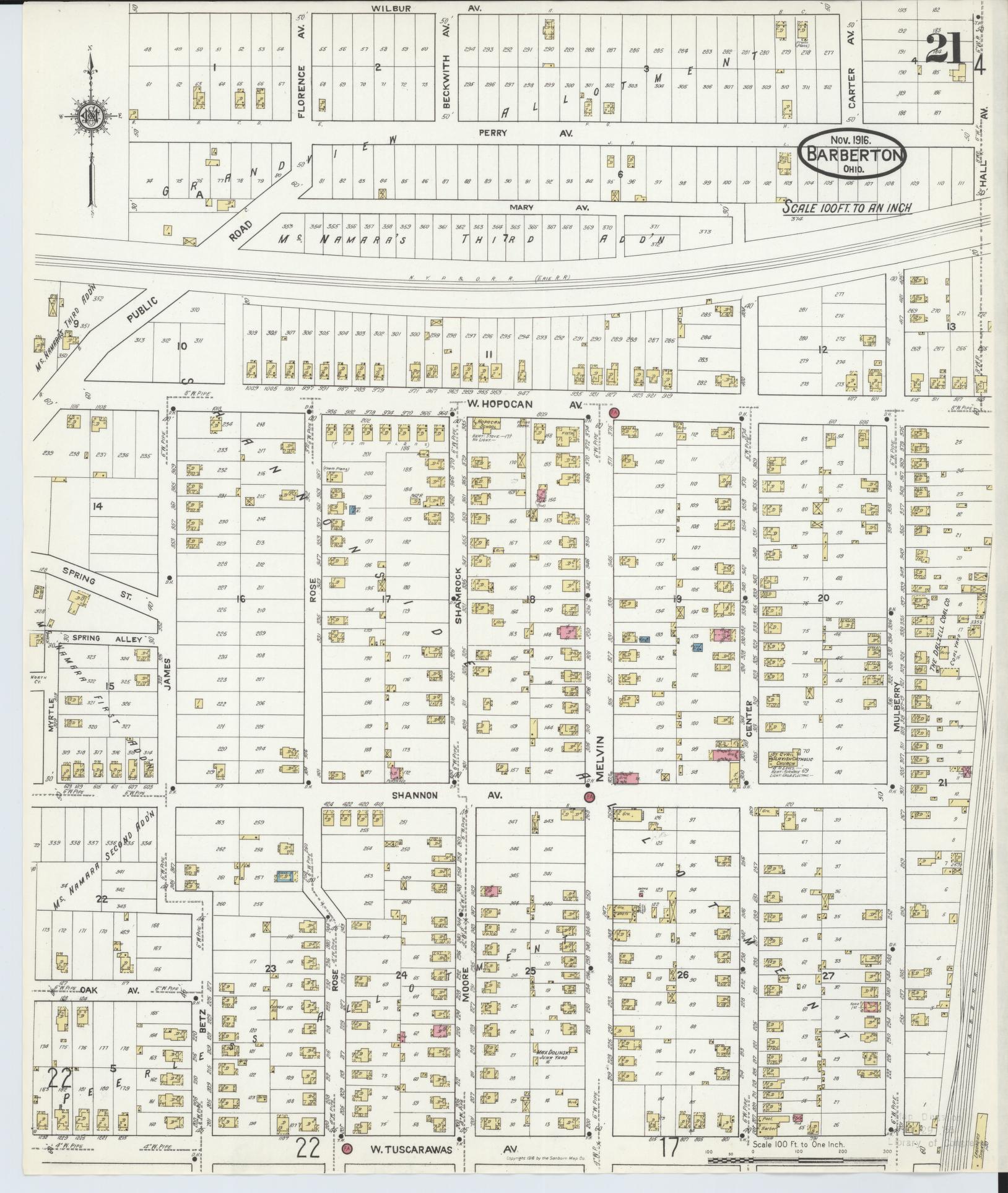 Sanborn Fire Insurance Map from Barberton, Summit County, Ohio (1916), Sheet #0021 - Historic Sanborn Fire Insurance Map Print, vintage old map wall art, antique decor, genealogy gift, Ohio Ohio map