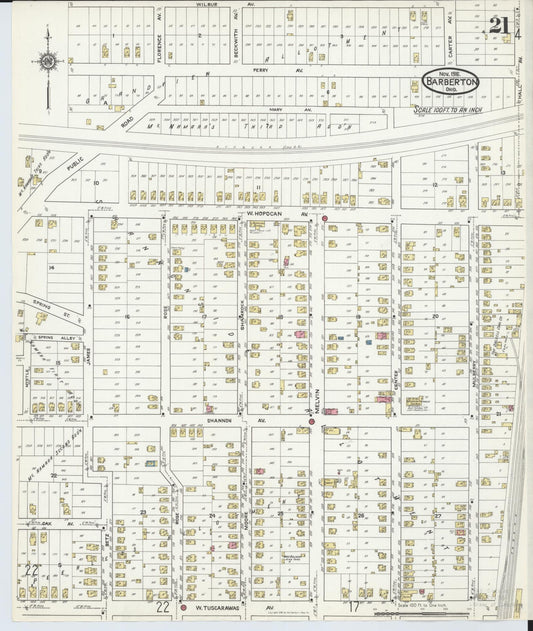 Sanborn Fire Insurance Map from Barberton, Summit County, Ohio (1916), Sheet #0021 - Historic Sanborn Fire Insurance Map Print, vintage old map wall art, antique decor, genealogy gift, Ohio Ohio map