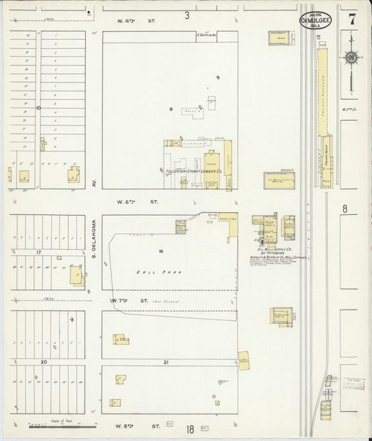 Sanborn Fire Insurance Map from Okmulgee, Okmulgee County, Oklahoma (1916), Sheet #0007 - Historic Sanborn Fire Insurance Map Print, vintage old map wall art, antique decor, genealogy gift, Oklahoma Oklahoma map