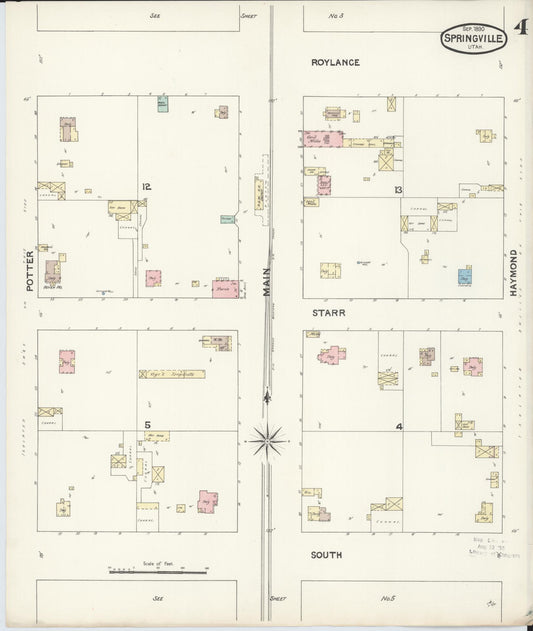 Sanborn Fire Insurance Map from Springville, Utah County, Utah (1890), Sheet #0004 - Historic Sanborn Fire Insurance Map Print, vintage old map wall art, antique decor, genealogy gift, Springville Utah map