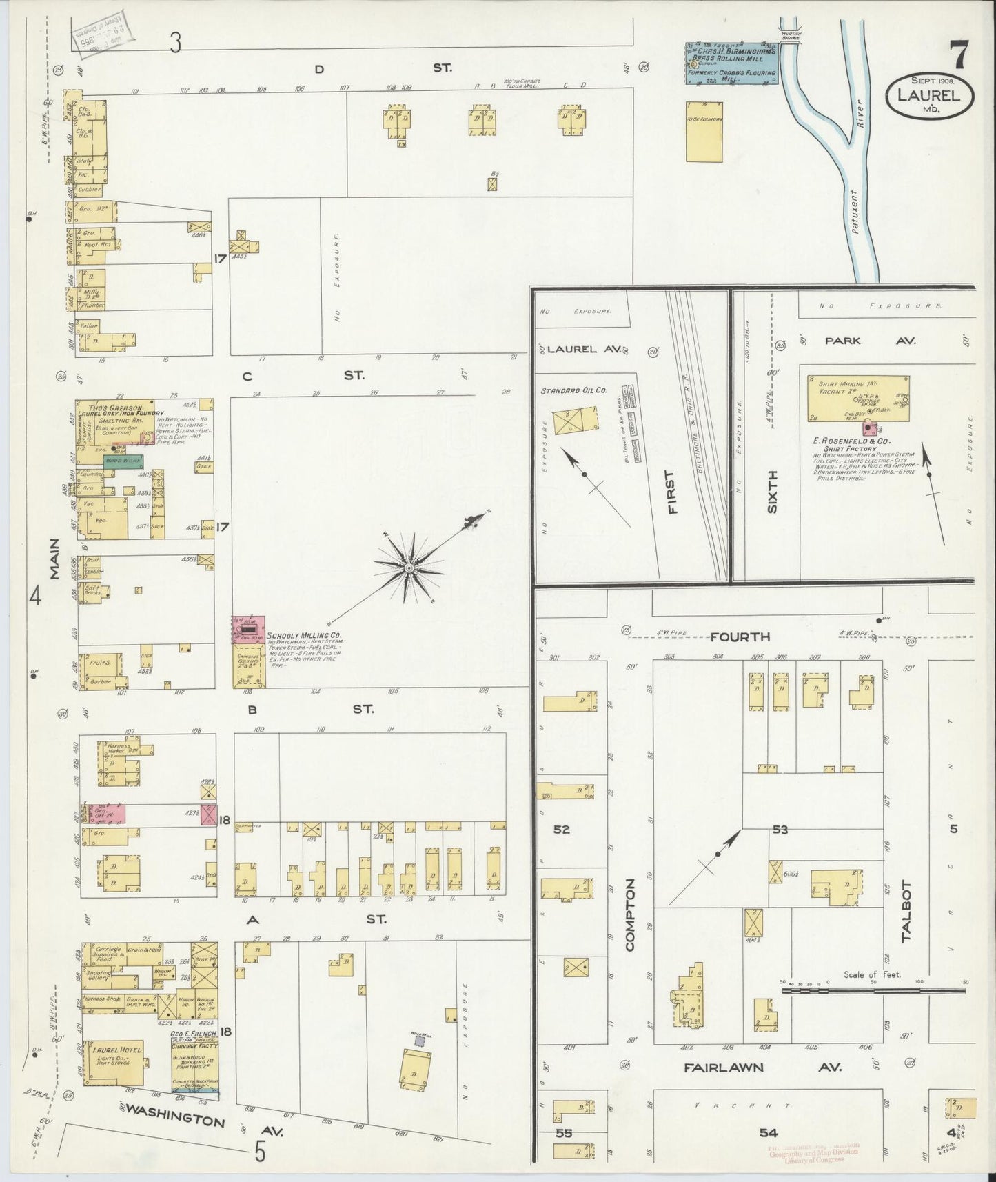 Sanborn Fire Insurance Map from Laurel, Prince Georges County, Maryland (1908), Sheet #0007 - Complete Map Set gallery image, historic Sanborn map, vintage wall art, Maryland Maryland