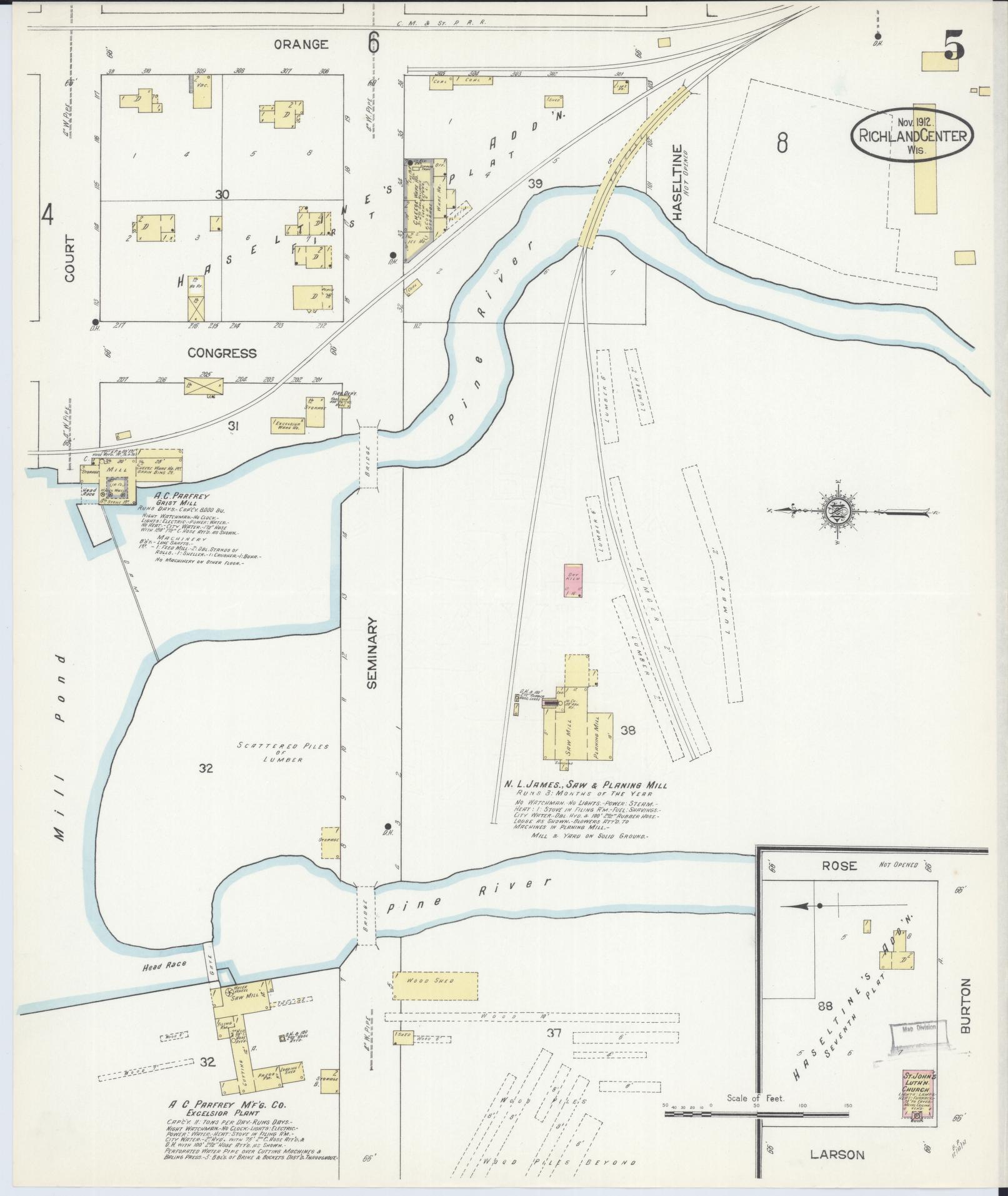 Sanborn Fire Insurance Map from Richland Center, Richland County, Wisconsin (1912), Sheet #0005 - Historic Sanborn Fire Insurance Map Print, vintage old map wall art, antique decor, genealogy gift, Wisconsin Wisconsin map
