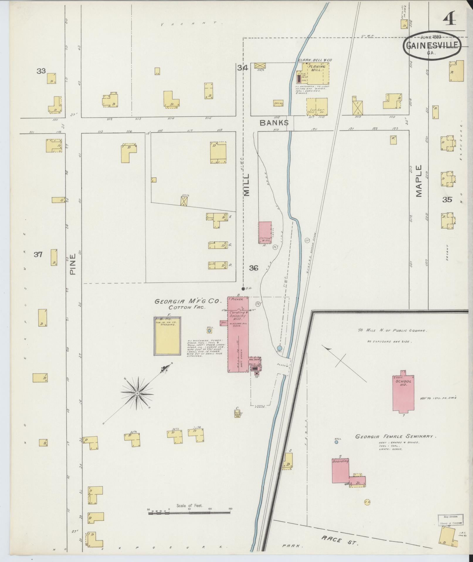 Sanborn Fire Insurance Map from Gainesville, Hall County, Georgia (1893), Sheet #0004 - Historic Sanborn Fire Insurance Map Print, vintage old map wall art, antique decor, genealogy gift, Georgia Georgia map