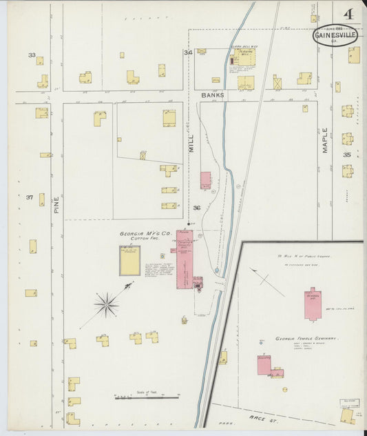 Sanborn Fire Insurance Map from Gainesville, Hall County, Georgia (1893), Sheet #0004 - Historic Sanborn Fire Insurance Map Print, vintage old map wall art, antique decor, genealogy gift, Georgia Georgia map