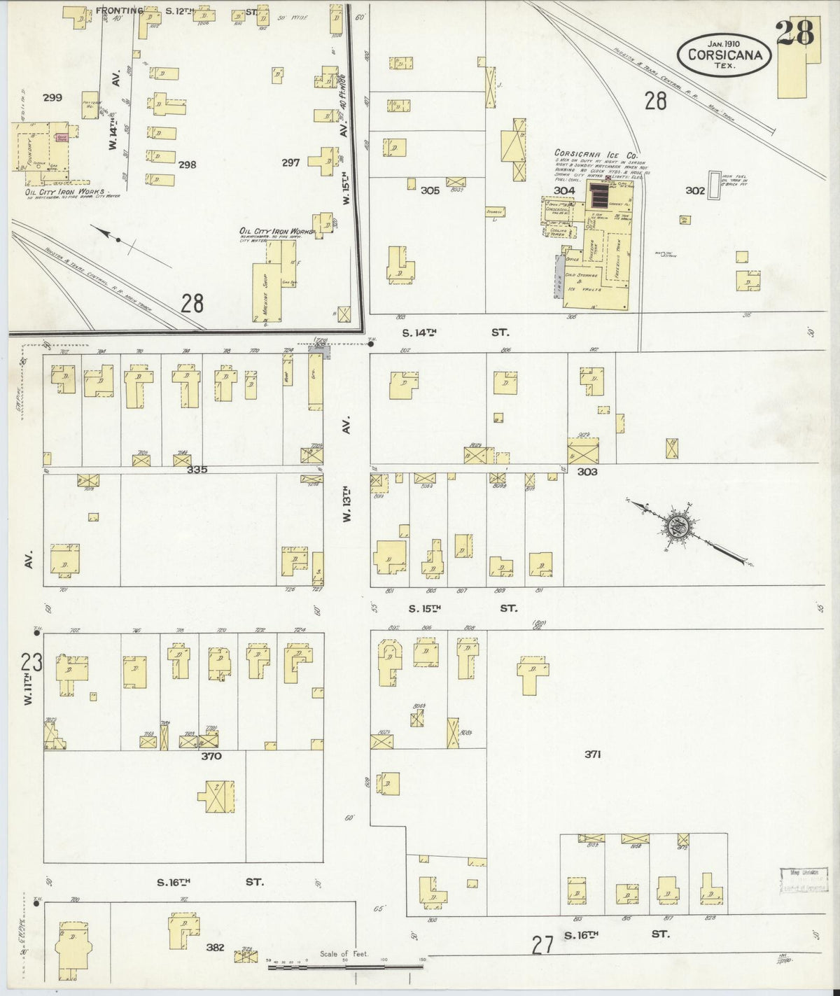 Sanborn Fire Insurance Map from Corsicana, Navarro County, Texas (1910), Sheet #0028 - Complete Map Set gallery image, historic Sanborn map, vintage wall art, Texas Texas