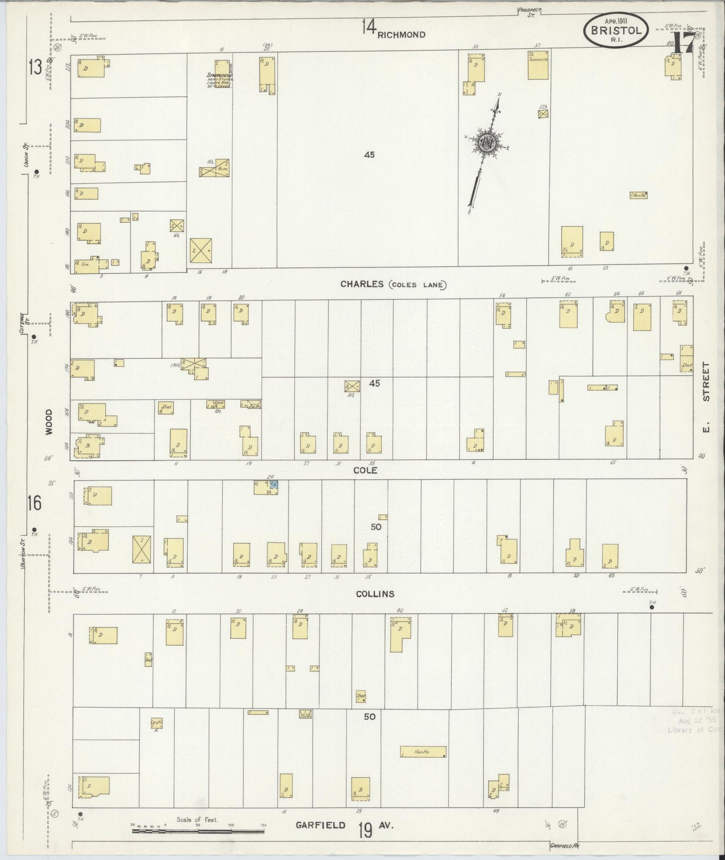 Sanborn Fire Insurance Map from Bristol, Bristol County, Rhode Island (1911), Sheet #0017 - Historic Sanborn Fire Insurance Map Print, vintage old map wall art, antique decor, genealogy gift, Rhode Island Rhode Island map