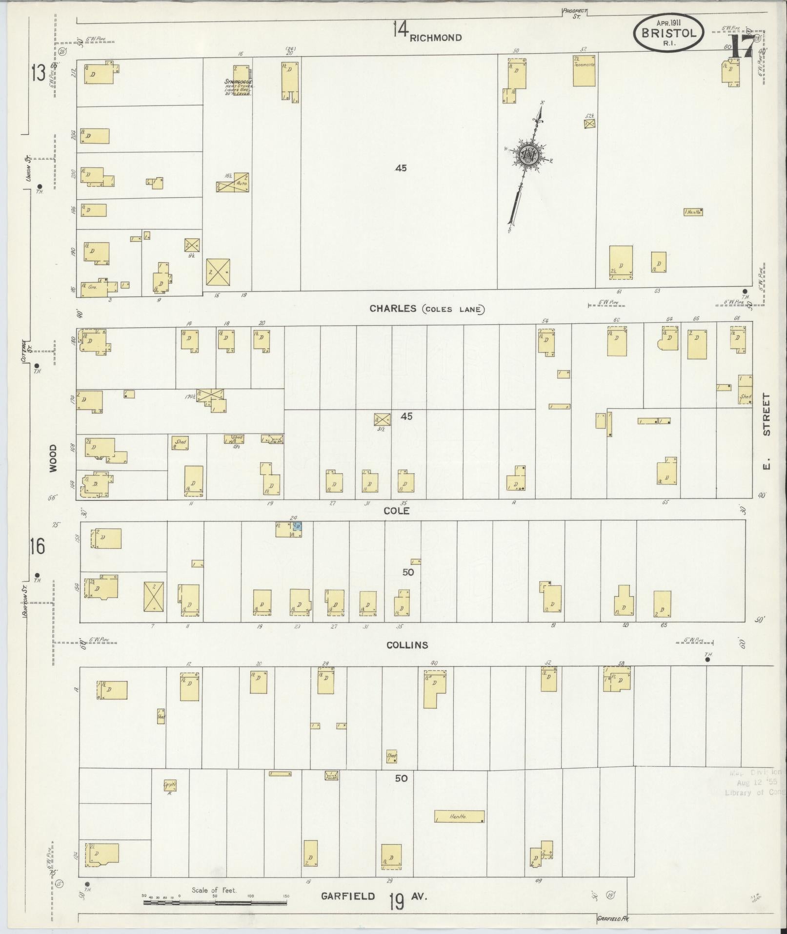 Sanborn Fire Insurance Map from Bristol, Bristol County, Rhode Island (1911), Sheet #0017 - Historic Sanborn Fire Insurance Map Print, vintage old map wall art, antique decor, genealogy gift, Rhode Island Rhode Island map