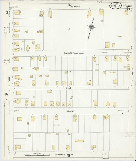 Sanborn Fire Insurance Map from Bristol, Bristol County, Rhode Island (1911), Sheet #0017 - Historic Sanborn Fire Insurance Map Print, vintage old map wall art, antique decor, genealogy gift, Rhode Island Rhode Island map