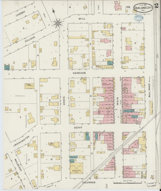 Sanborn Fire Insurance Map from Oakland City, Gibson County, Indiana (1894), Sheet #0002 - Historic Sanborn Fire Insurance Map Print, vintage old map wall art, antique decor, genealogy gift, Indiana Indiana map