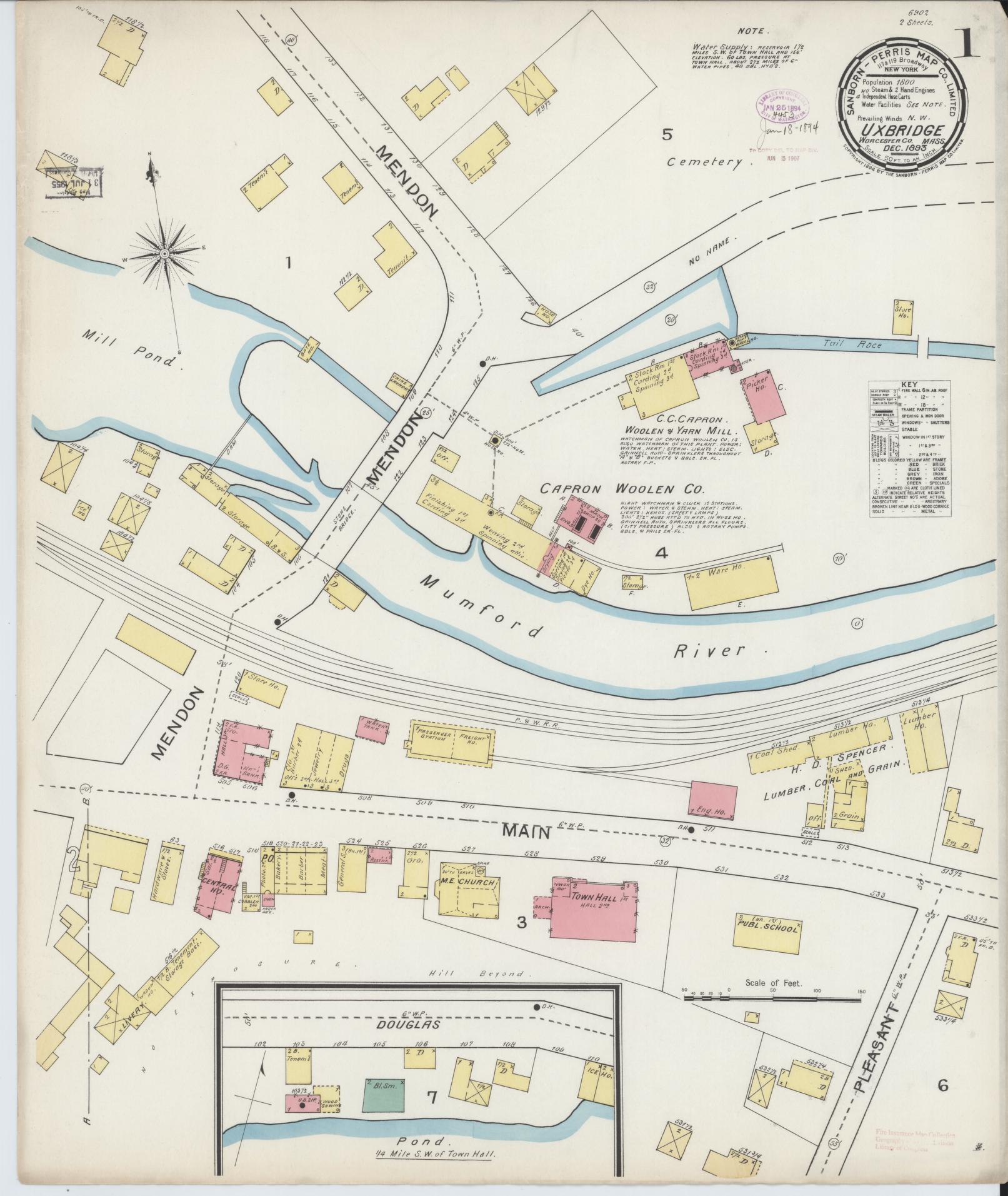 Sanborn Fire Insurance Map from Uxbridge, Worcester County, Massachusetts. (1893) – Historic Sanborn Fire Insurance Map Print