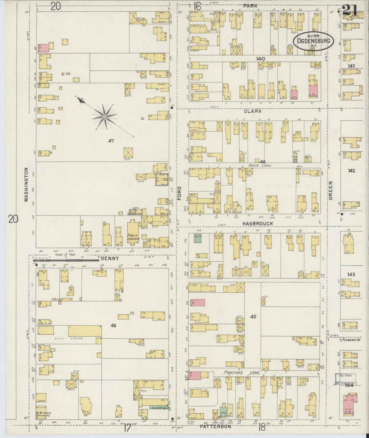 Sanborn Fire Insurance Map from Ogdensburg, St. Lawrence County, New York (1898), Sheet #0021 - Complete Map Set gallery image, historic Sanborn map, vintage wall art, New York New York