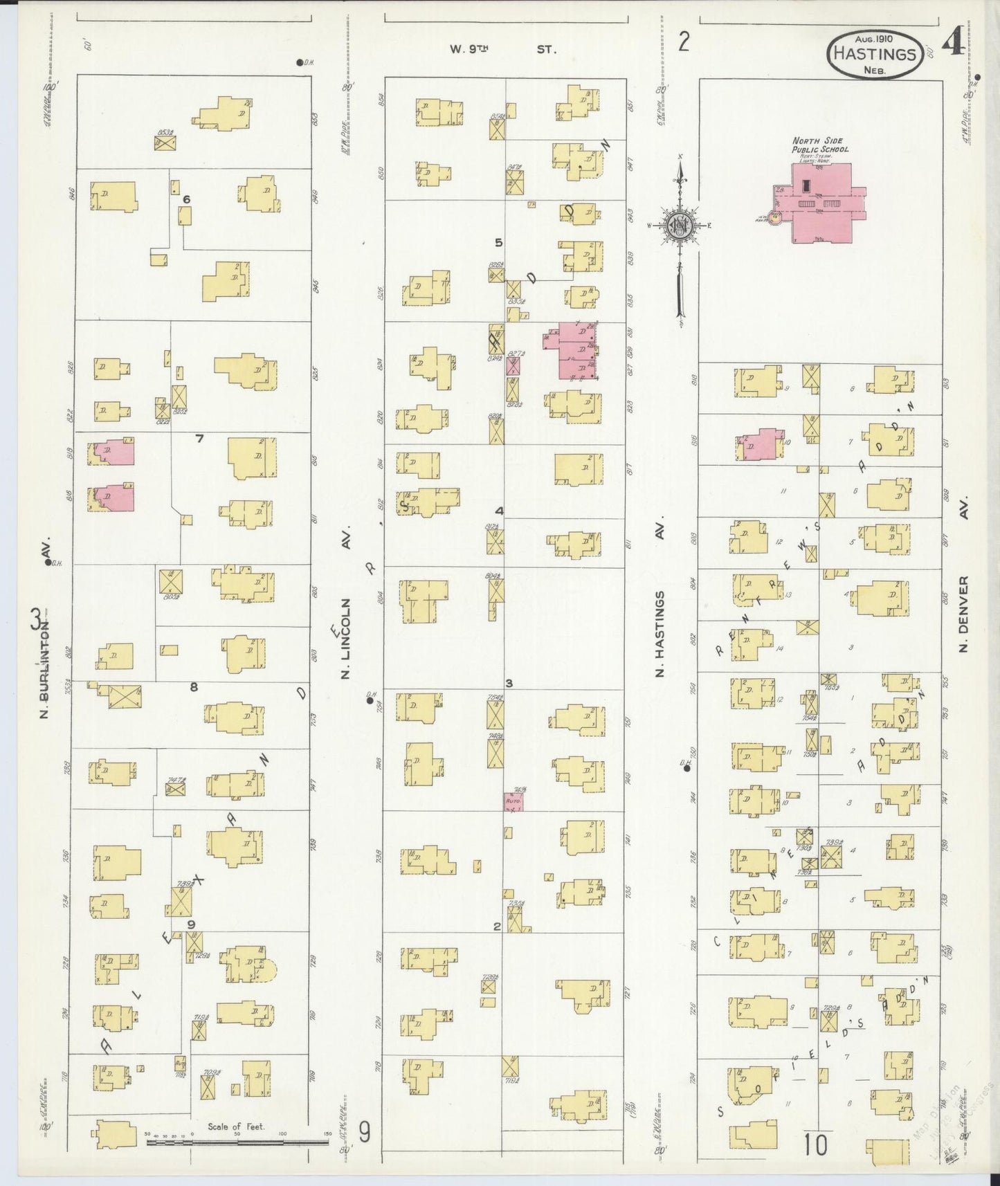 Sanborn Fire Insurance Map from Hastings, Adams County, Nebraska (1910), Sheet #0004 - Historic Sanborn Fire Insurance Map Print, vintage old map wall art, antique decor, genealogy gift, Nebraska Nebraska map