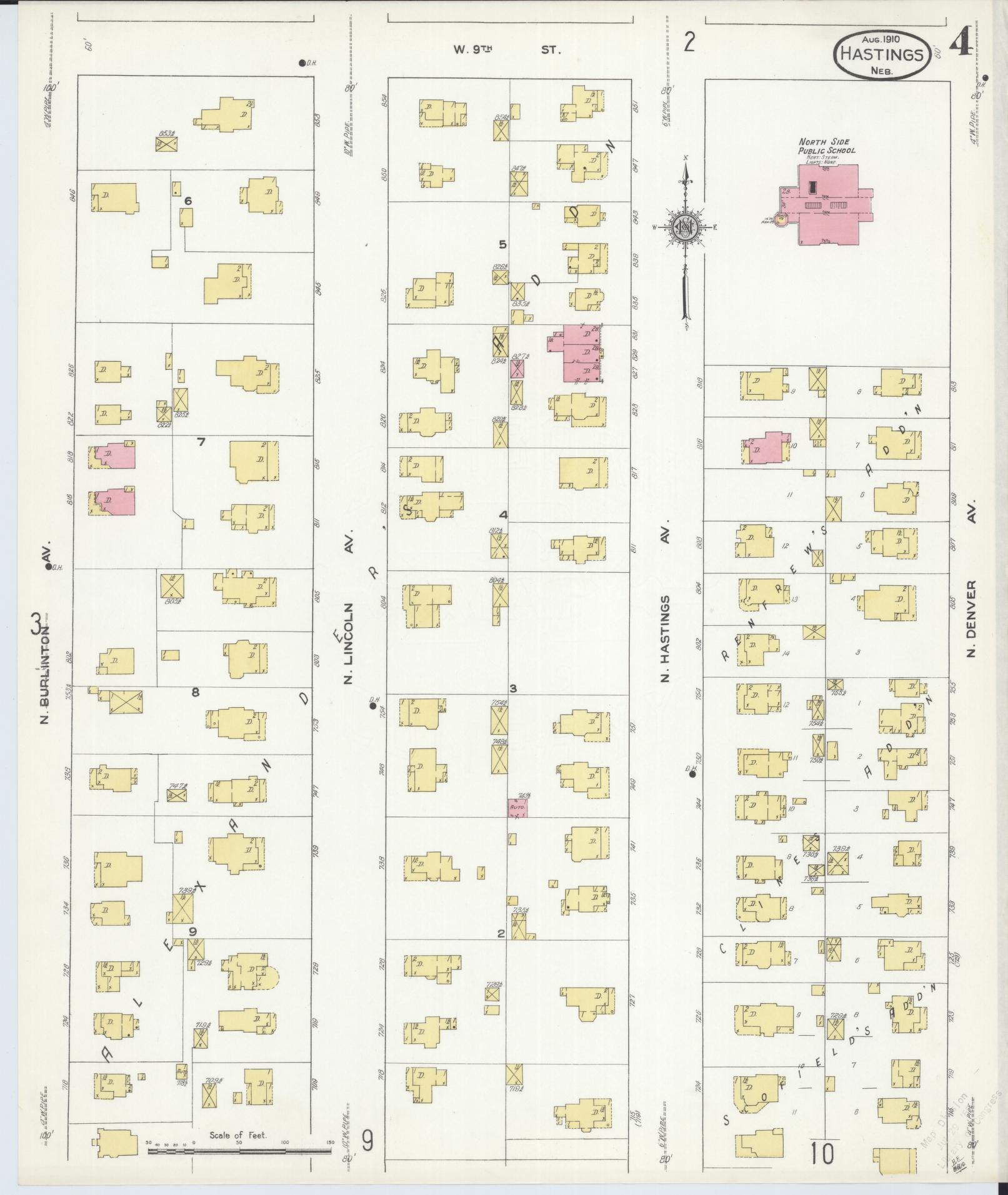 Sanborn Fire Insurance Map from Hastings, Adams County, Nebraska (1910), Sheet #0004 - Historic Sanborn Fire Insurance Map Print, vintage old map wall art, antique decor, genealogy gift, Nebraska Nebraska map