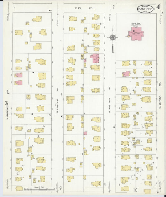 Sanborn Fire Insurance Map from Hastings, Adams County, Nebraska (1910), Sheet #0004 - Historic Sanborn Fire Insurance Map Print, vintage old map wall art, antique decor, genealogy gift, Nebraska Nebraska map