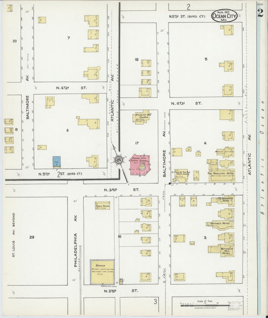 Sanborn Fire Insurance Map from Ocean City, Worcester County, Maryland (1921), Sheet #0002 - Historic Sanborn Fire Insurance Map Print, vintage old map wall art