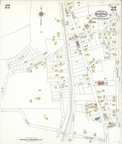 Sanborn Fire Insurance Map from Wakefield, Middlesex County, Massachusetts (1923), Sheet #0027 - Historic Sanborn Fire Insurance Map Print, vintage old map wall art, antique decor, genealogy gift, Massachusetts Massachusetts map