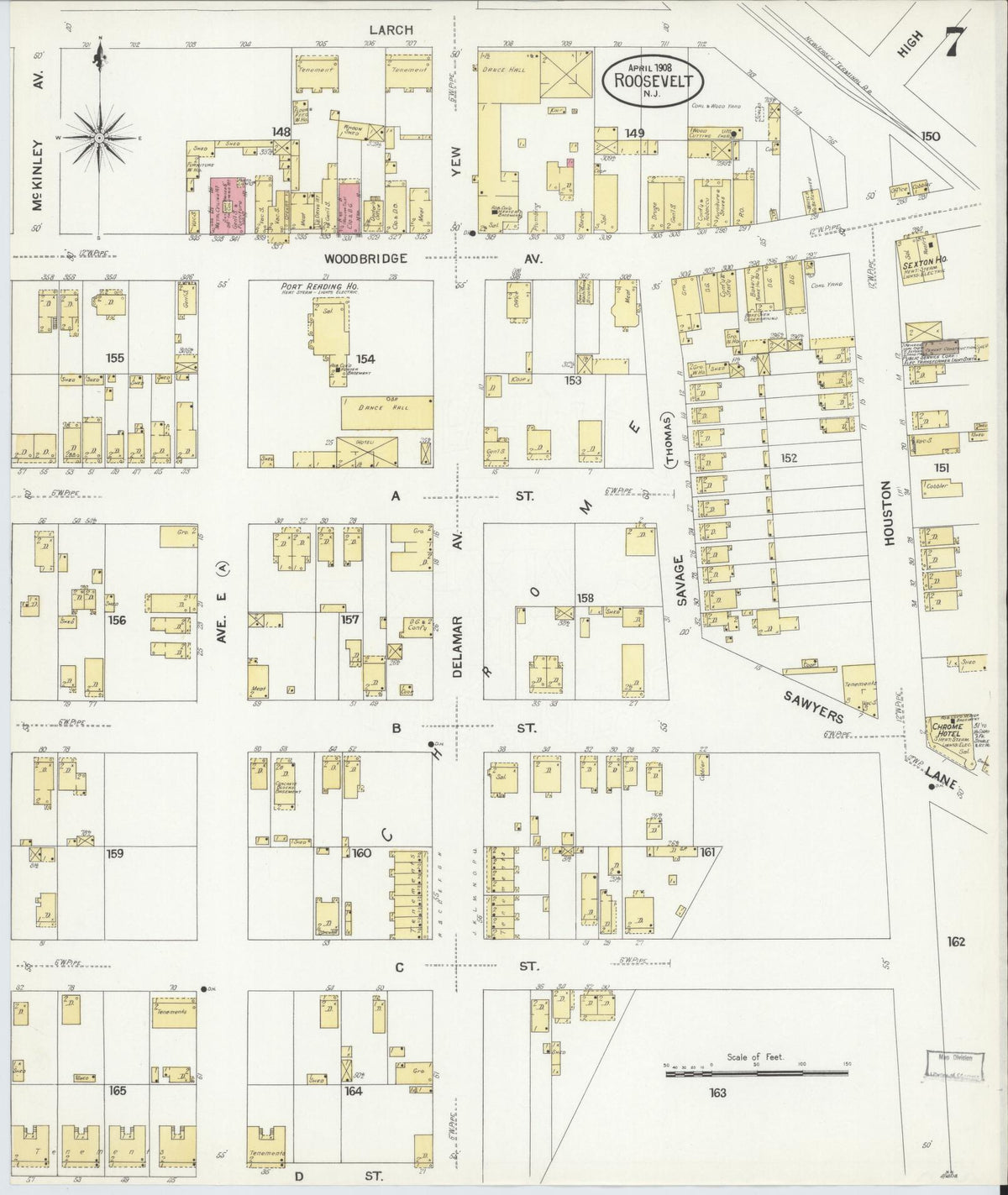 Sanborn Fire Insurance Map from Roosevelt, Middlesex County, New Jersey (1908), Sheet #0007 - Historic Sanborn Fire Insurance Map Print, vintage old map wall art, antique decor, genealogy gift, New Jersey New Jersey map