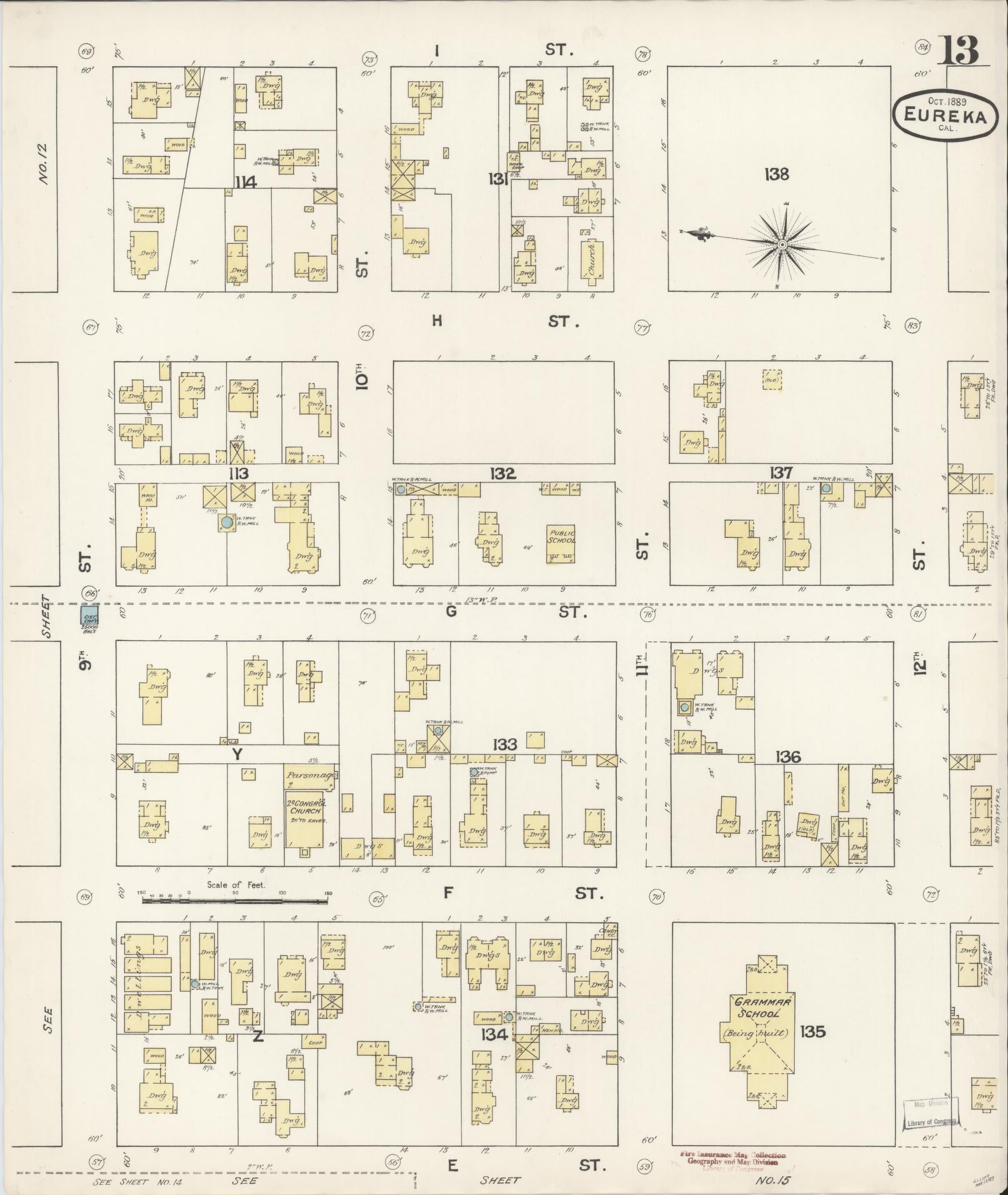 Sanborn Fire Insurance Map from Eureka, Humboldt County, California (1889), Sheet #0013 - Historic Sanborn Fire Insurance Map Print, vintage old map wall art, antique decor, genealogy gift, California California map