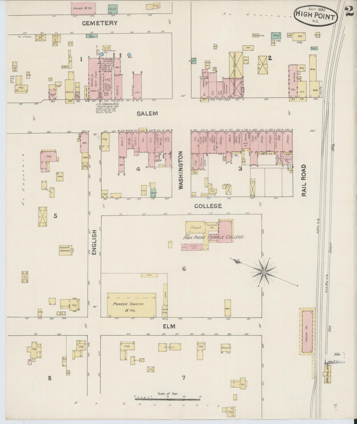 Sanborn Fire Insurance Map from High Point, Guilford County, North Carolina (1890), Sheet #0002 - Complete Map Set gallery image, historic Sanborn map, vintage wall art, North Carolina North Carolina