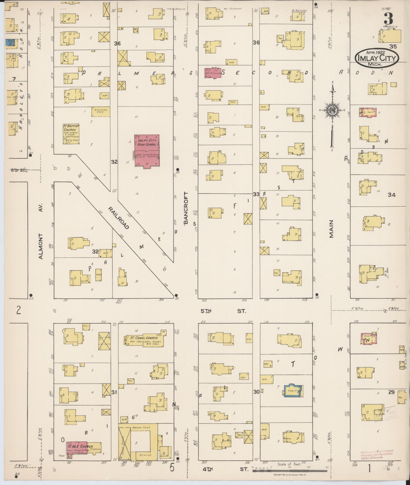 Sanborn Fire Insurance Map from Imlay City, Lapeer County, Michigan (1922), Sheet #0003 - Complete Map Set gallery image, historic Sanborn map, vintage wall art, Michigan Michigan