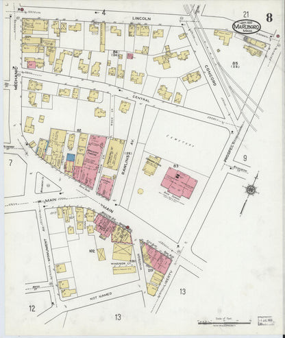 Sanborn Fire Insurance Map from Marlborough, Middlesex County, Massachusetts (1920), Sheet #0008 - Historic Sanborn Fire Insurance Map Print, vintage old map wall art, antique decor, genealogy gift, Massachusetts Massachusetts map