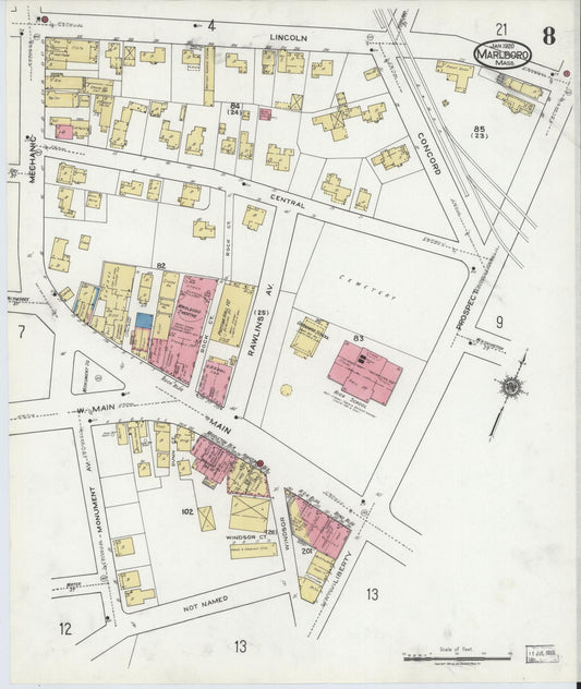 Sanborn Fire Insurance Map from Marlborough, Middlesex County, Massachusetts (1920), Sheet #0008 - Historic Sanborn Fire Insurance Map Print, vintage old map wall art, antique decor, genealogy gift, Massachusetts Massachusetts map