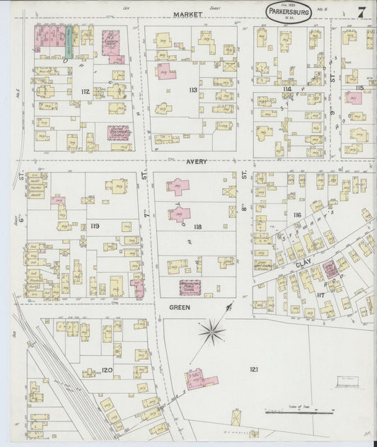 Sanborn Fire Insurance Map from Parkersburg, Wood County, West Virginia (1889), Sheet #0007 - Historic Sanborn Fire Insurance Map Print, vintage old map wall art, antique decor, genealogy gift, West Virginia West Virginia map