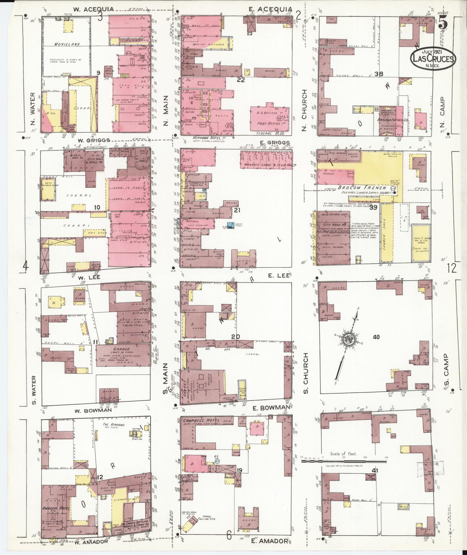 Sanborn Fire Insurance Map from Las Cruces, Dona Ana County, New Mexico (1921), Sheet #0005 - Complete Map Set gallery image, historic Sanborn map, vintage wall art, New Mexico New Mexico