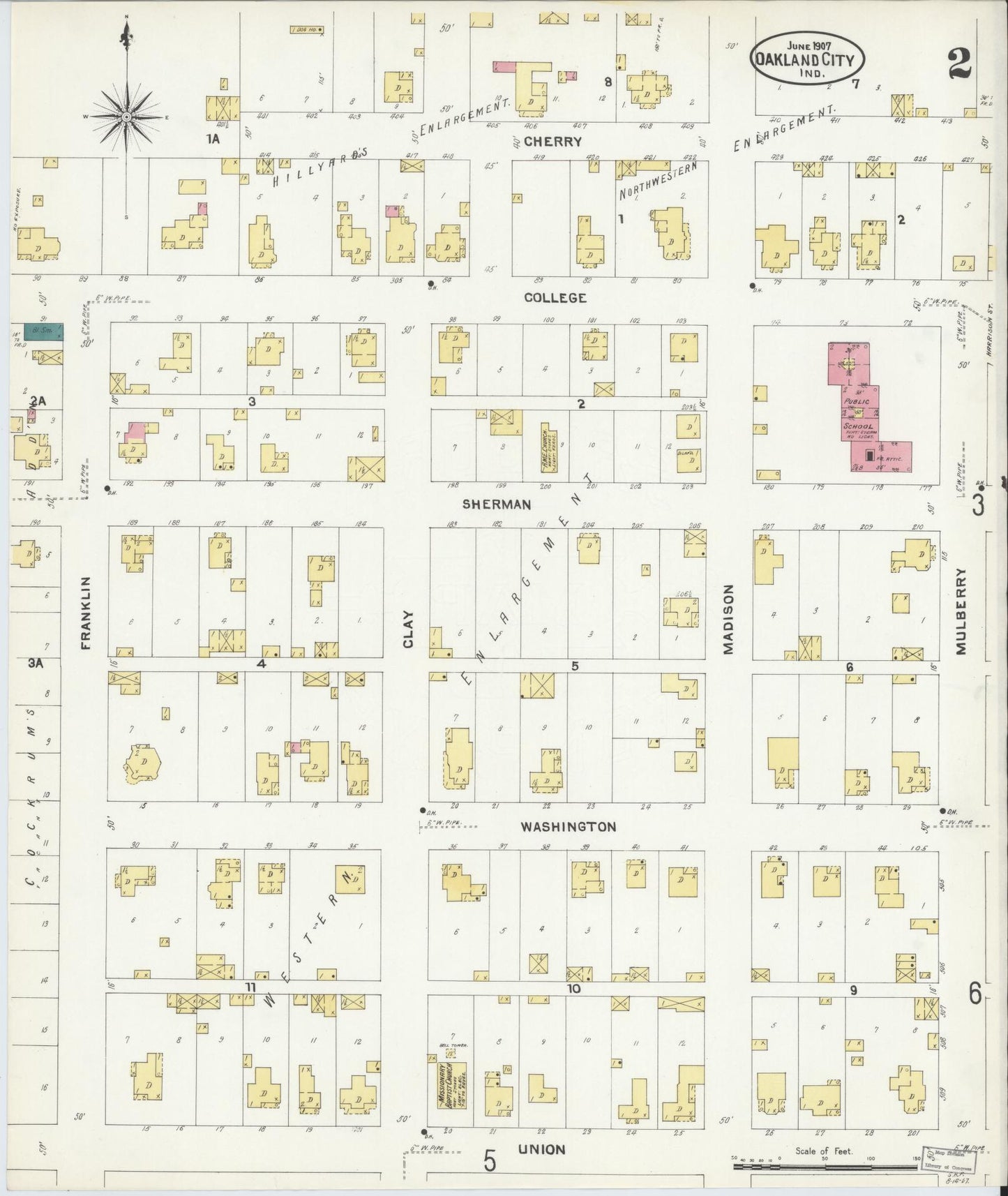Sanborn Fire Insurance Map from Oakland City, Gibson County, Indiana (1907), Sheet #0002 - Complete Map Set gallery image, historic Sanborn map, vintage wall art, Indiana Indiana