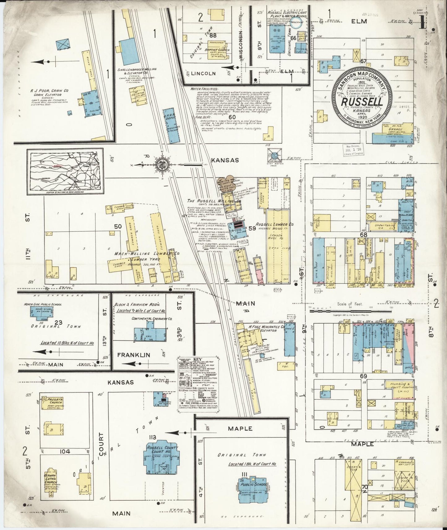 Sanborn Fire Insurance Map from Russell, Russell County, Kansas (1920), Sheet #0001 - Complete Map Set gallery image, historic Sanborn map, vintage wall art, Kansas Kansas