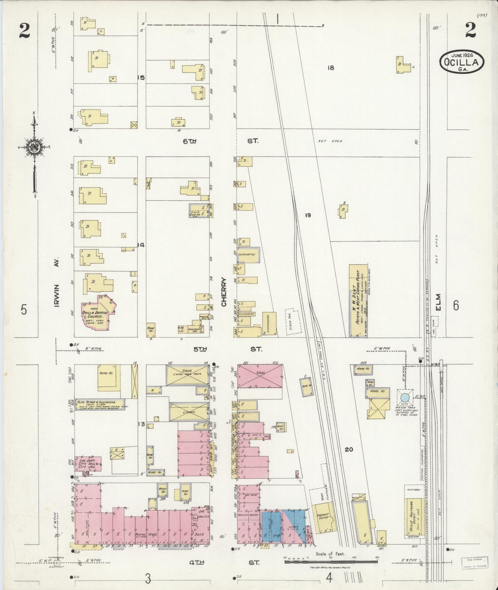 Sanborn Fire Insurance Map from Ocilla, Irwin County, Georgia (1924), Sheet #0002 - Complete Map Set gallery image, historic Sanborn map, vintage wall art, Georgia Georgia