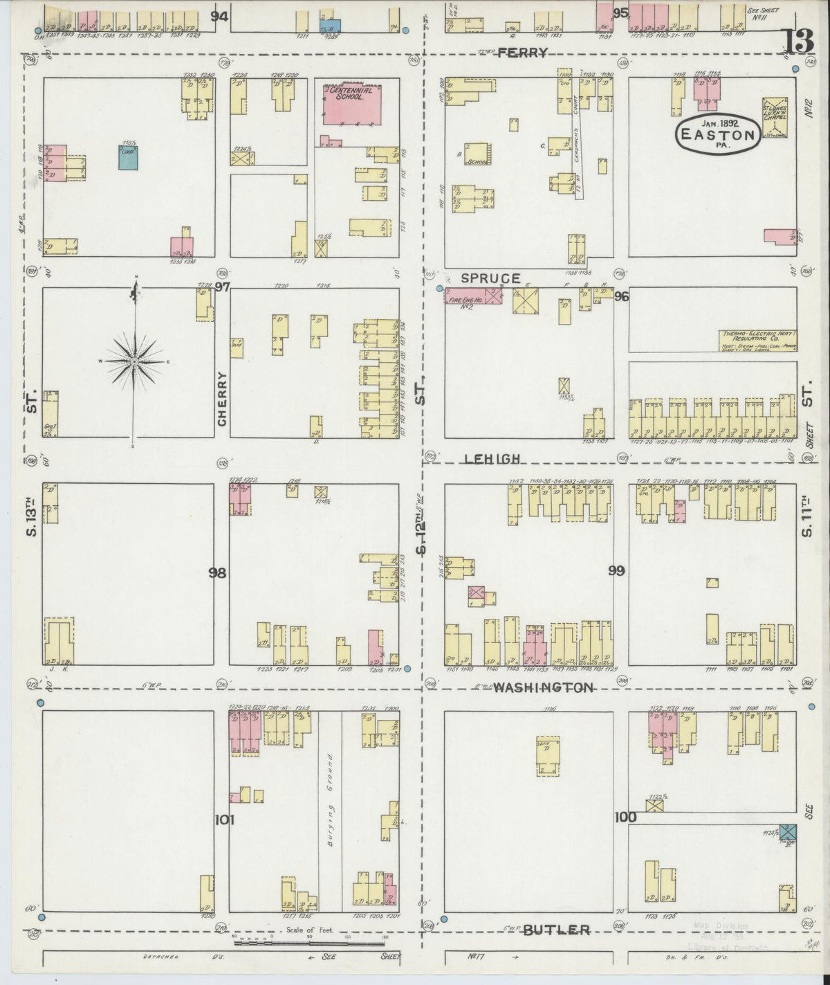 Sanborn Fire Insurance Map from Easton, Northampton County, Pennsylvania (1892), Sheet #0013 - Complete Map Set gallery image, historic Sanborn map, vintage wall art, Pennsylvania Pennsylvania