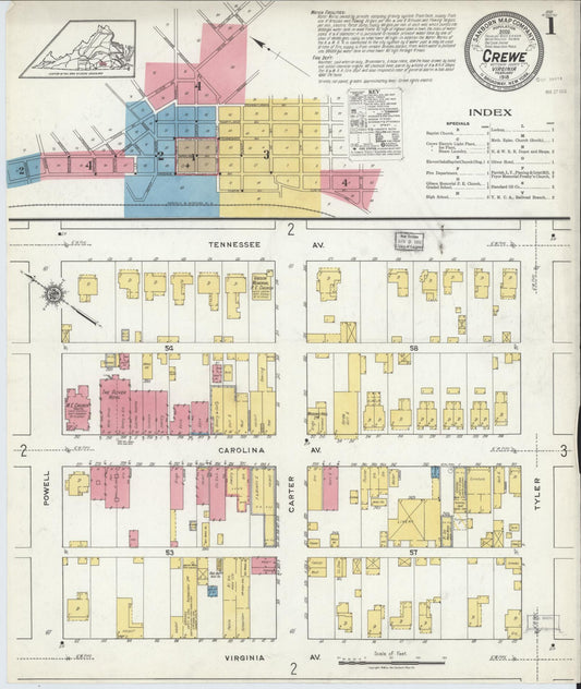Sanborn Fire Insurance Map from Crewe, Nottoway County, Virginia (1918), Sheet #0001 - Complete Map Set gallery image, historic Sanborn map, vintage wall art, Virginia Virginia