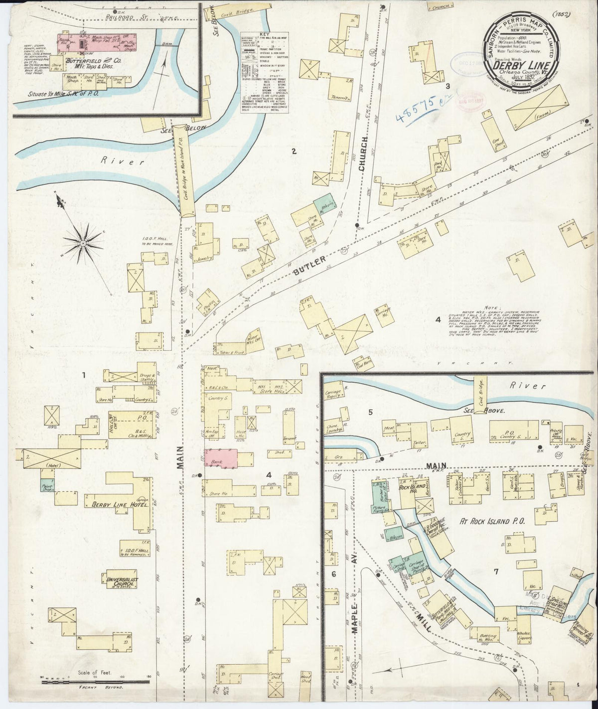 Sanborn Fire Insurance Map from Derby Line, Orleans County, Vermont (1897), Sheet #0001 - Historic Sanborn Fire Insurance Map Print, vintage old map wall art, antique decor, genealogy gift, Vermont Vermont map
