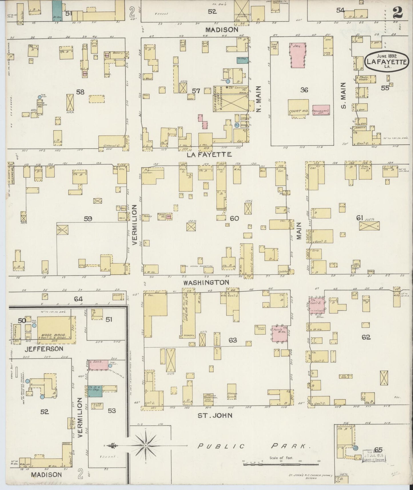 Sanborn Fire Insurance Map from Lafayette, Lafayette Parish, Louisiana (1892), Sheet #0002 - Complete Map Set gallery image, historic Sanborn map, vintage wall art, Louisiana Louisiana