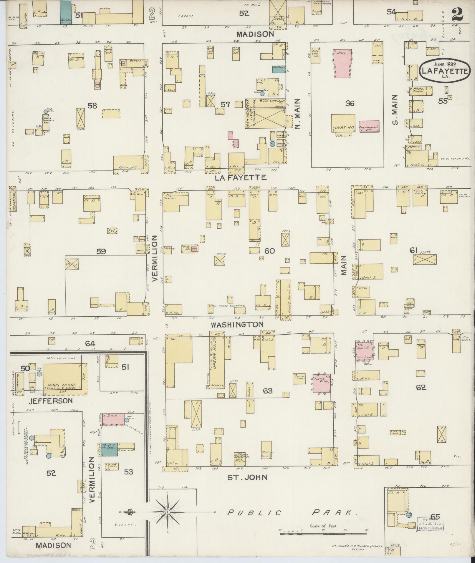 Sanborn Fire Insurance Map from Lafayette, Lafayette Parish, Louisiana (1892), Sheet #0002 - Complete Map Set gallery image, historic Sanborn map, vintage wall art, Louisiana Louisiana