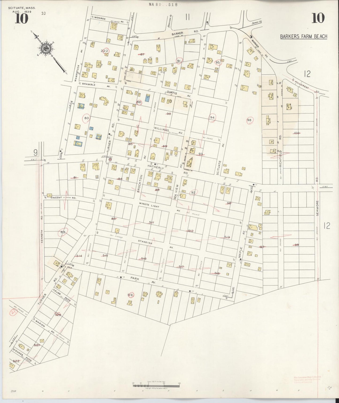 Sanborn Fire Insurance Map from Scituate, Plymouth County, Massachusetts (1944), Sheet #0010 - Historic Sanborn Fire Insurance Map Print, vintage old map wall art, antique decor, genealogy gift, Massachusetts Massachusetts map
