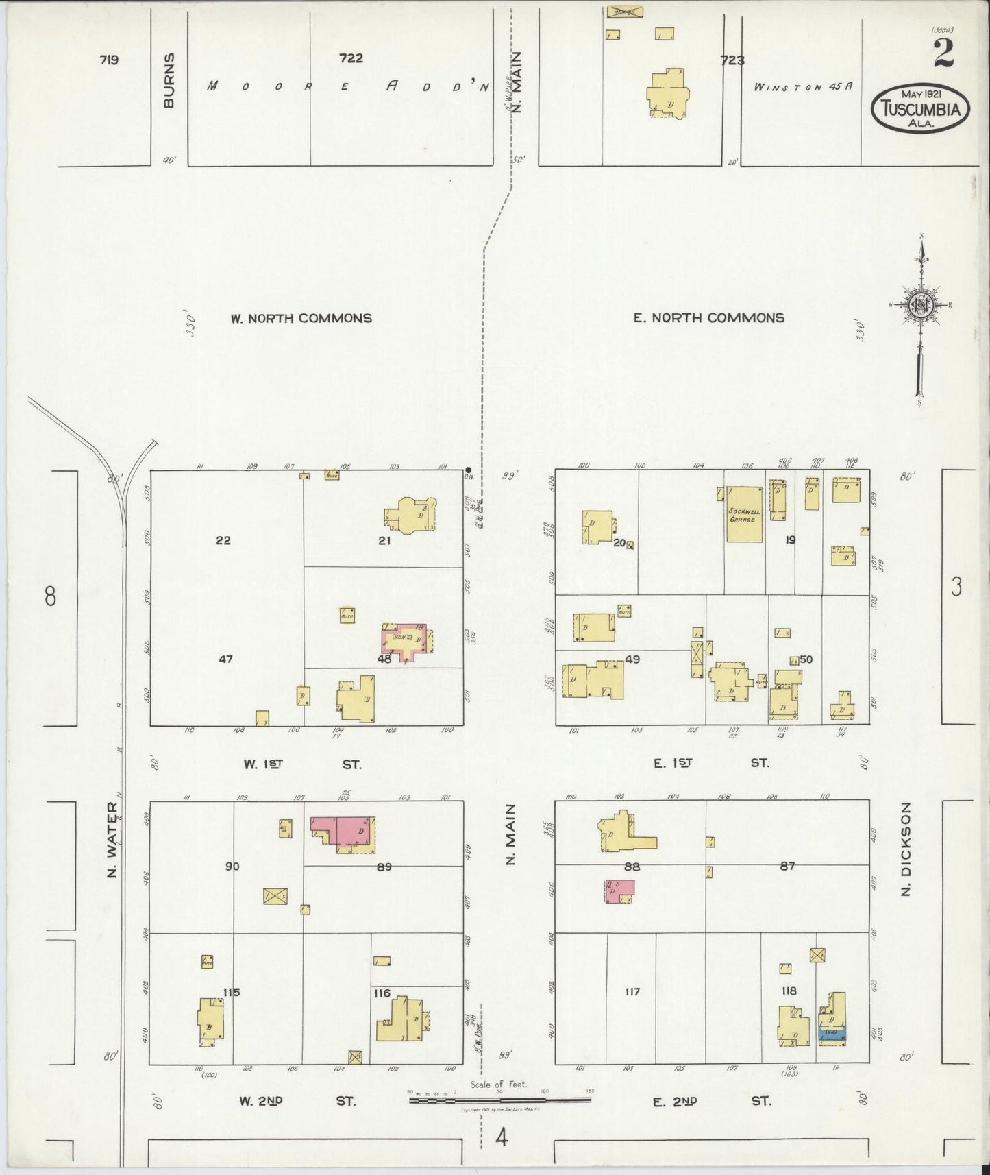 Sanborn Fire Insurance Map from Tuscumbia, Colbert County, Alabama (1921), Sheet #0002 - Historic Sanborn Fire Insurance Map Print, vintage old map wall art, antique decor, genealogy gift, Alabama Alabama map